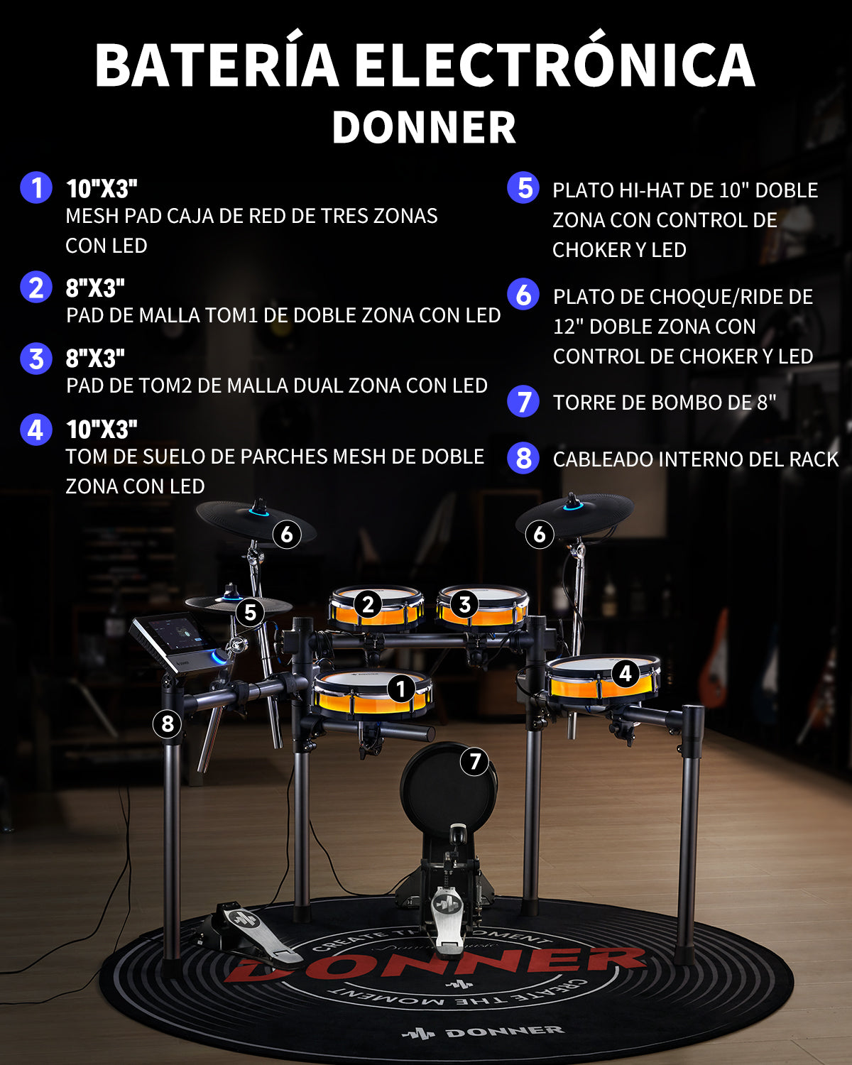 Donner Backbeat Tambor eléctrico inteligente, 5 tambores y 3 platillos y Se pueden cambiar los colores de las luces