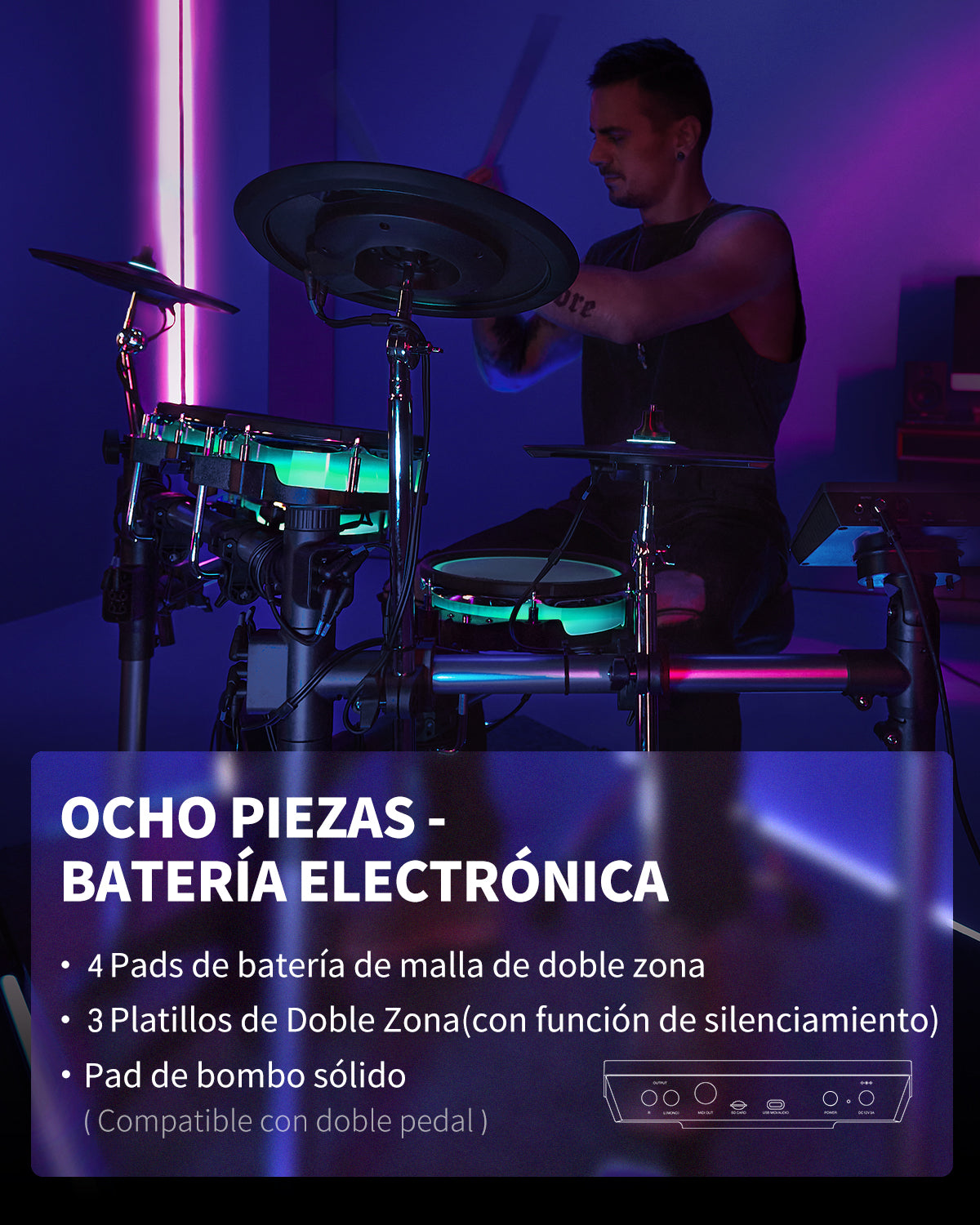 Donner Backbeat Tambor eléctrico inteligente, 5 tambores y 3 platillos y Se pueden cambiar los colores de las luces