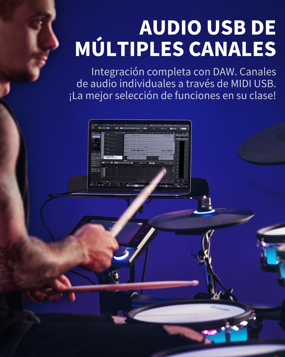 Donner Backbeat Tambor eléctrico inteligente, 5 tambores y 3 platillos y Se pueden cambiar los colores de las luces