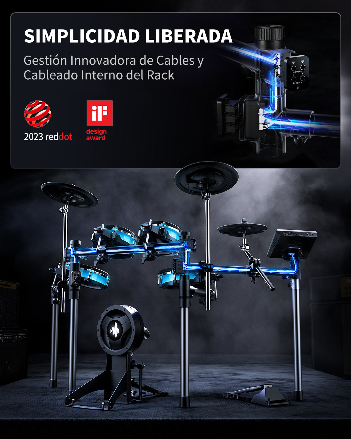 Donner Backbeat Tambor eléctrico inteligente, 5 tambores y 3 platillos y Se pueden cambiar los colores de las luces