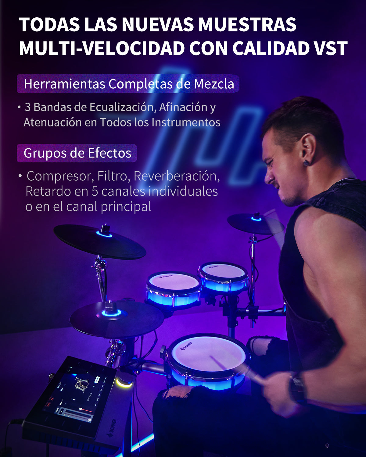 Donner Backbeat Tambor eléctrico inteligente, 5 tambores y 3 platillos y Se pueden cambiar los colores de las luces