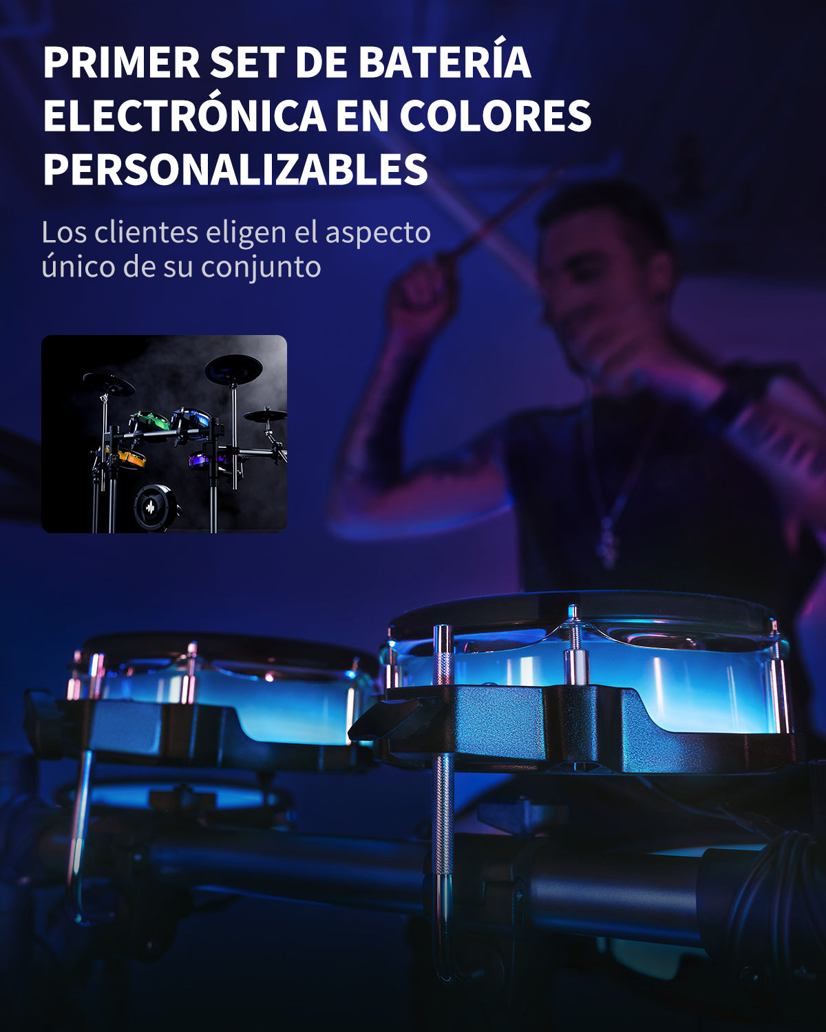 Donner Backbeat Tambor eléctrico inteligente, 5 tambores y 3 platillos y Se pueden cambiar los colores de las luces