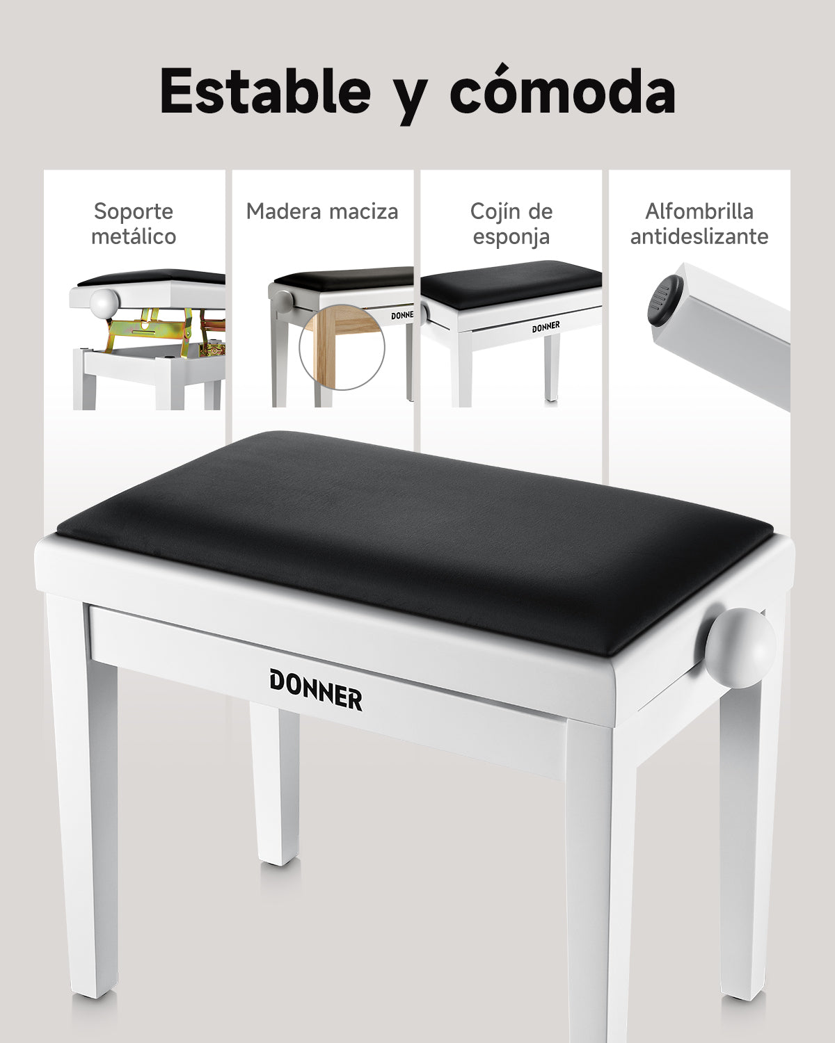 Donner Banqueta de altura regulable para piano blanco mate
