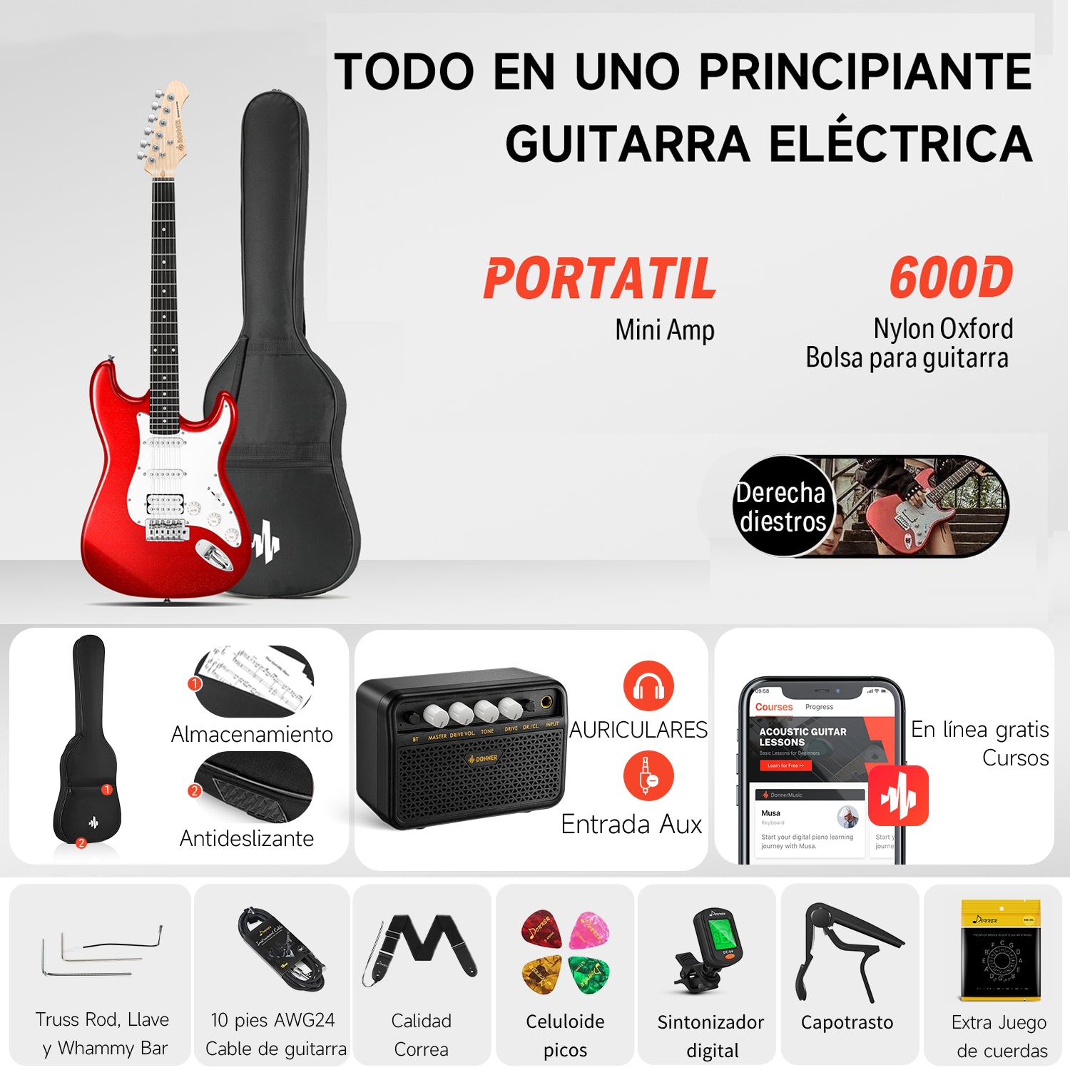 Donner DST-100R Guitarra Eléctrica Tamaño Completo con Amplificador/Bolsa/Afinador Digital/Capo/Tahalí/Cuerdas/Cable/Púas
