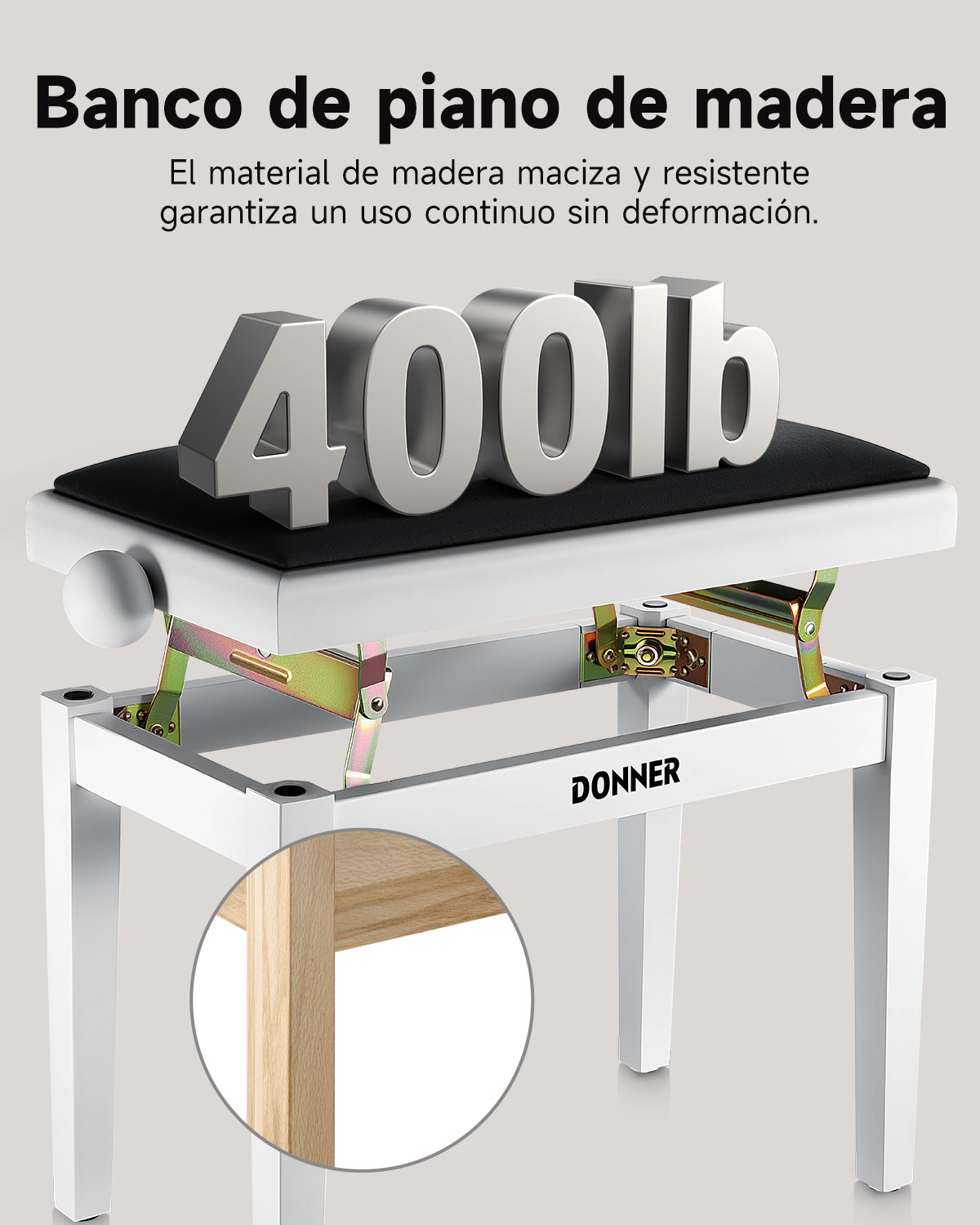 Donner Banqueta de altura regulable para piano blanco mate
