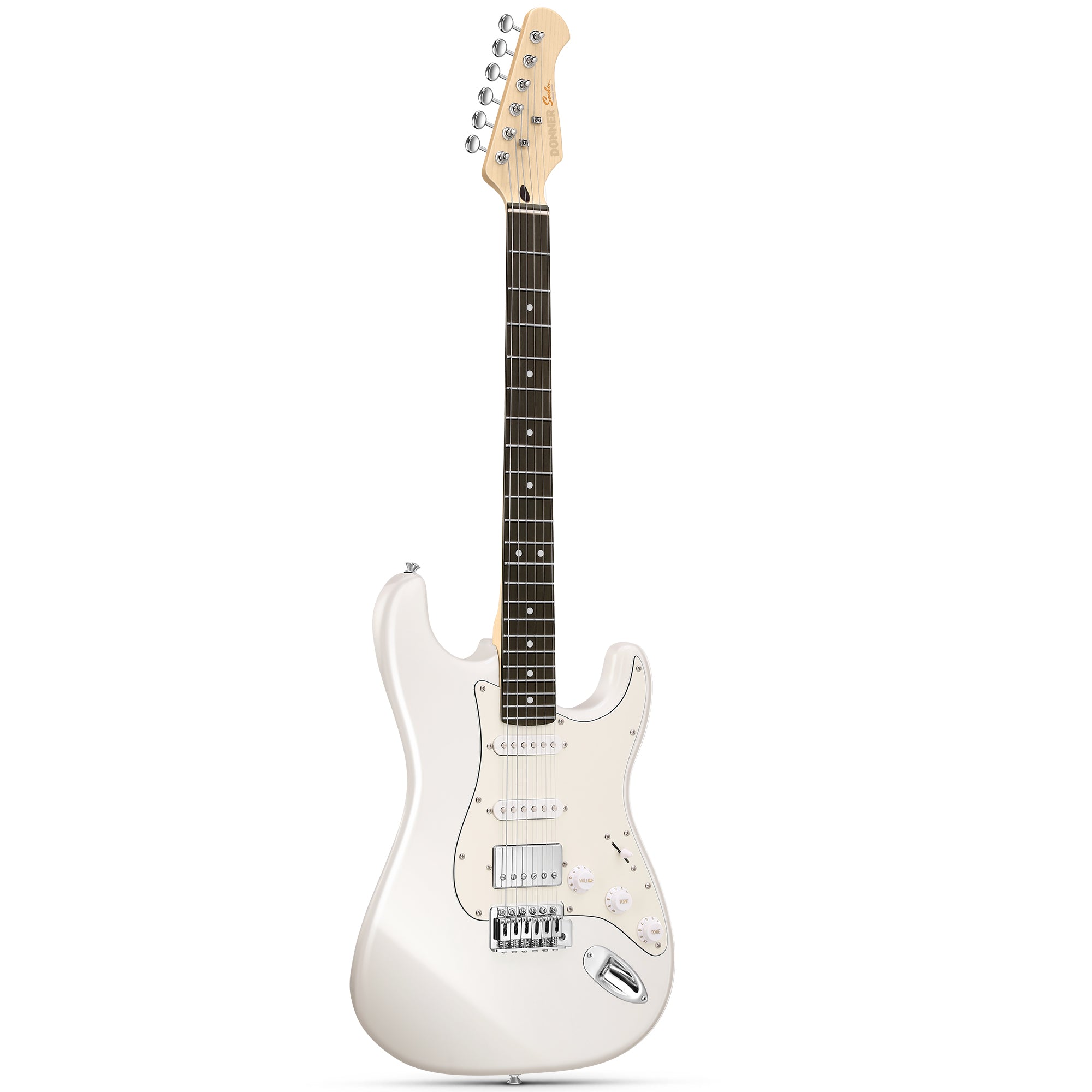 Donner Guitarra eléctrica modelo DST-152W, kit de inicio de guitarra eléctrica de 39" con pastilla HSS de división de bobina, incluye amplificador, funda, accesorios y es de color blanco polar