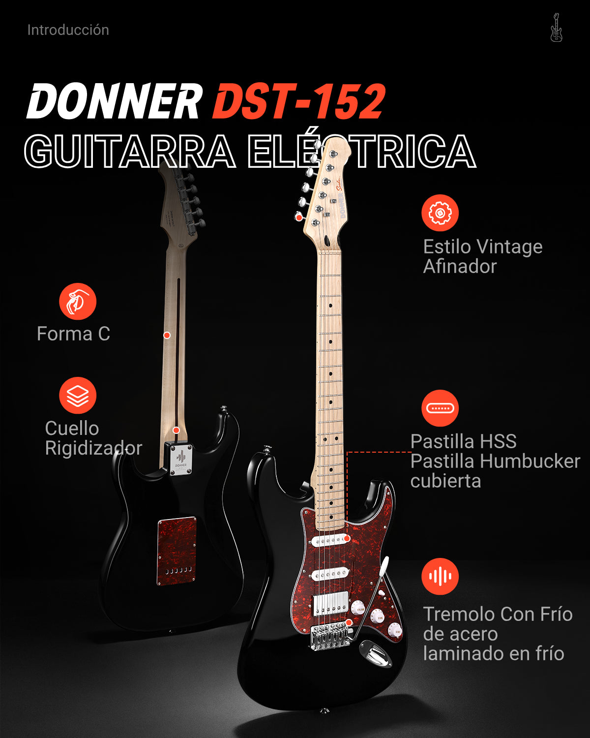 Guitarra eléctrica Donner, modelo DST-152B, kit de guitarra eléctrica de 39" con pastilla HSS de división de bobina, cuerpo sólido, incluye amplificador, funda, accesorios y es de color negro.