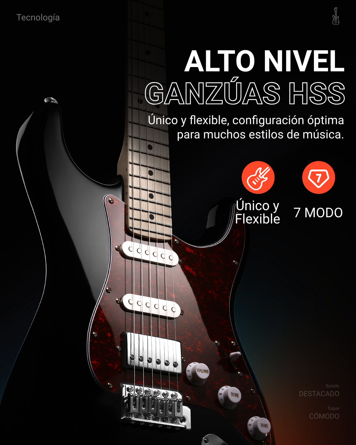 Guitarra eléctrica Donner, modelo DST-152B, kit de guitarra eléctrica de 39" con pastilla HSS de división de bobina, cuerpo sólido, incluye amplificador, funda, accesorios y es de color negro.