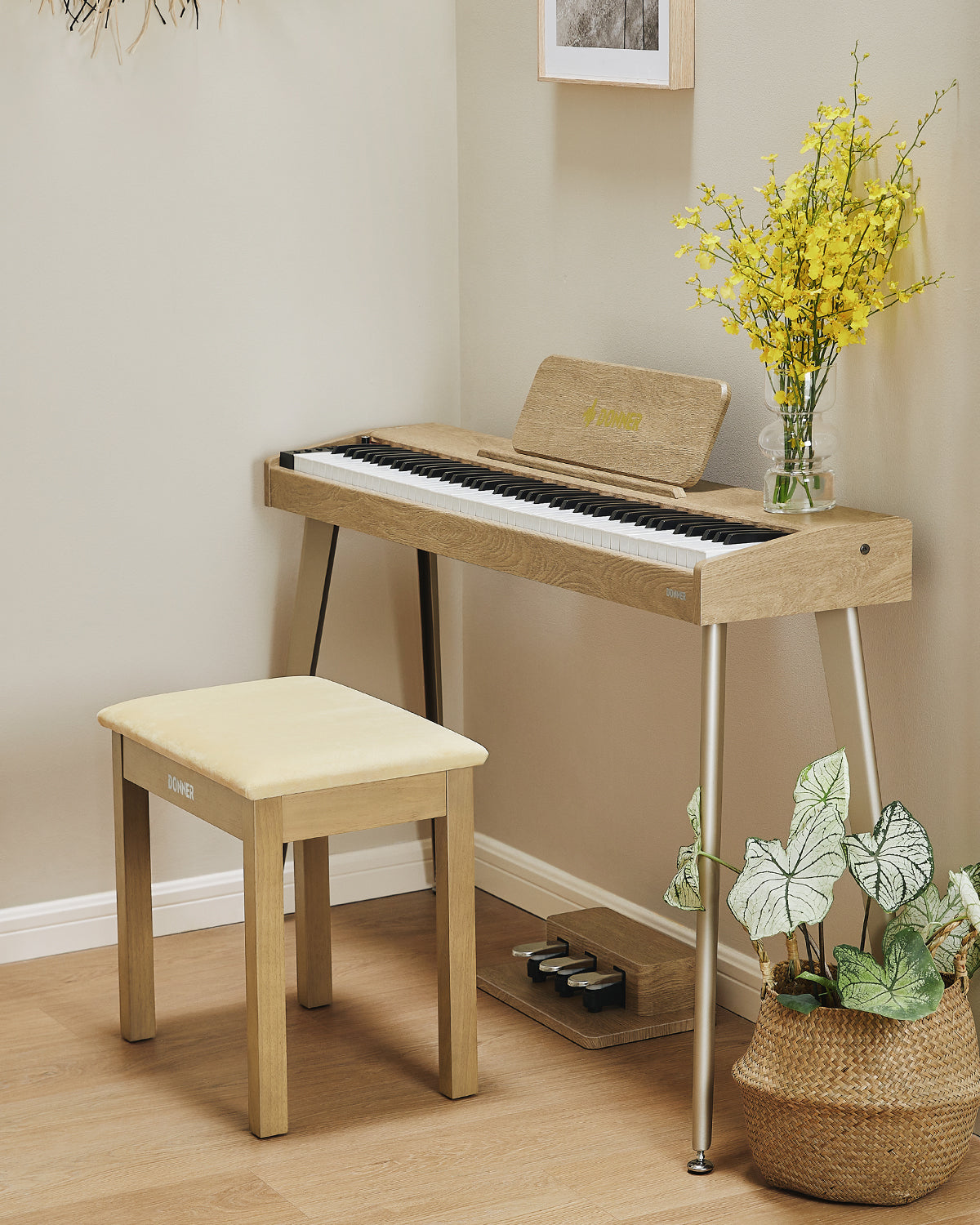 Donner Banqueta para Piano de Color Madera Clara con Cojín de Gamuza de Alta Densidad