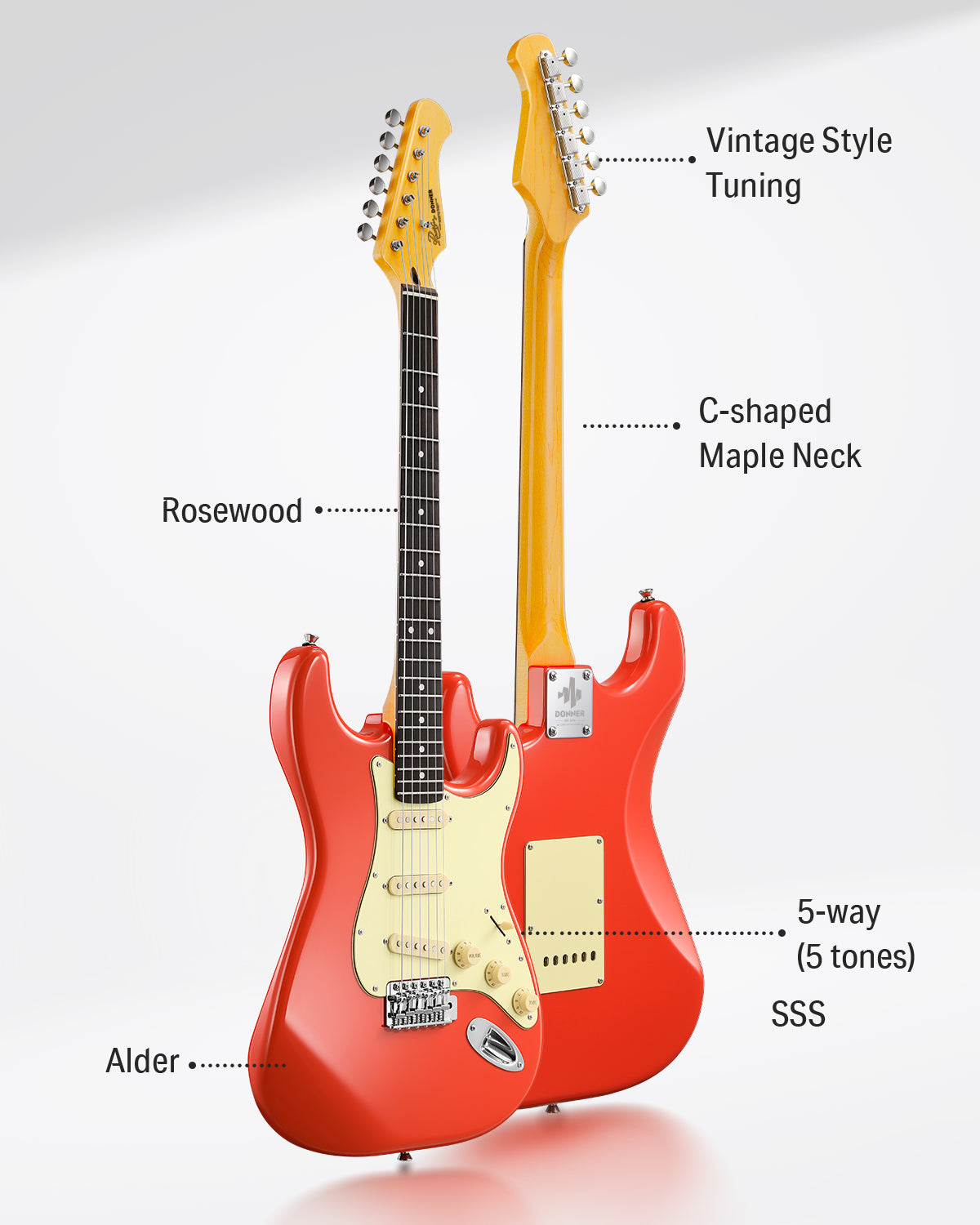 Donner DST-600 Guitarra Eléctrica Configuración SSS estilo vintage Rojo