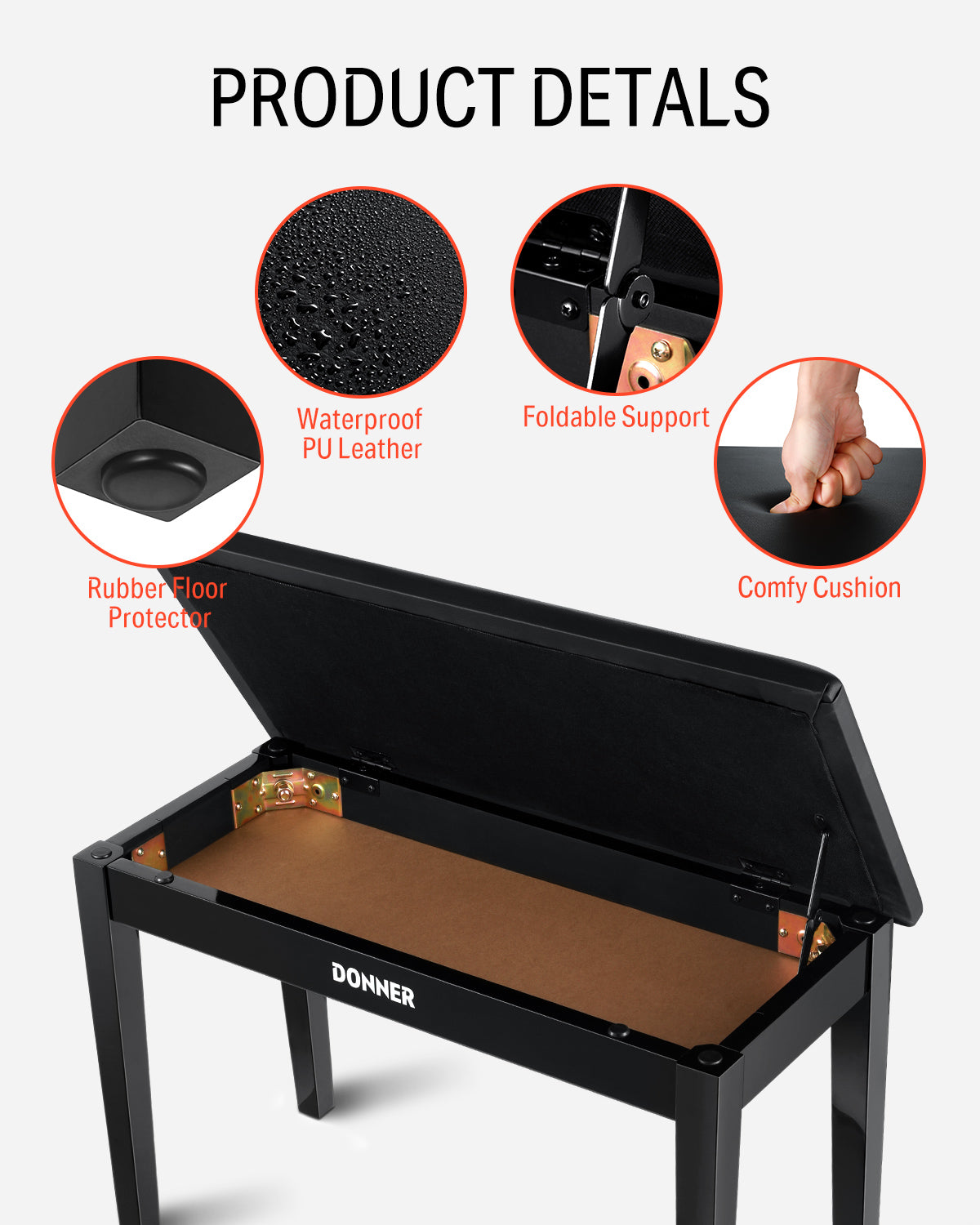 Donner Banco para piano dúo con espacio de almacenamiento, negro y cojín acolchado