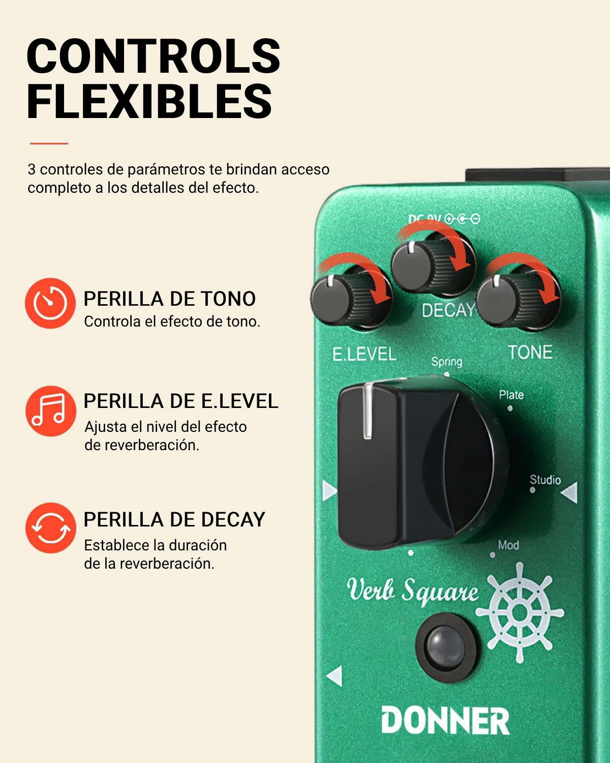 Donner Pedal de guitarra Verb Square Reverb Efectos digitales de 7 modos con True Bypass donner music mexico