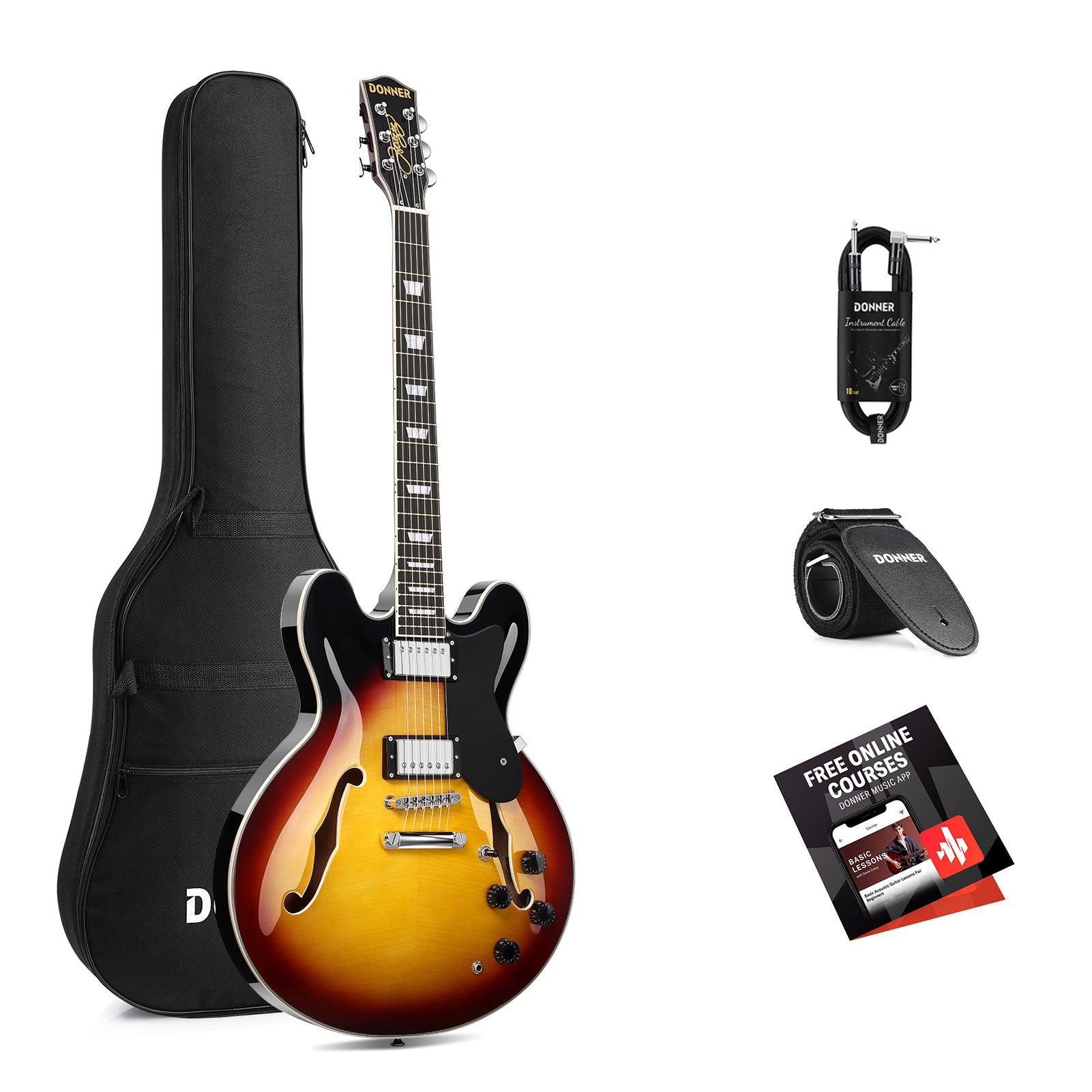 Donner DJP-1000 Guitarra Eléctrica Semi Hueca, Dos Pastillas H, Guitarra Eléctrica Estilo Jazz con Bolsa, Cable y Tahalí.