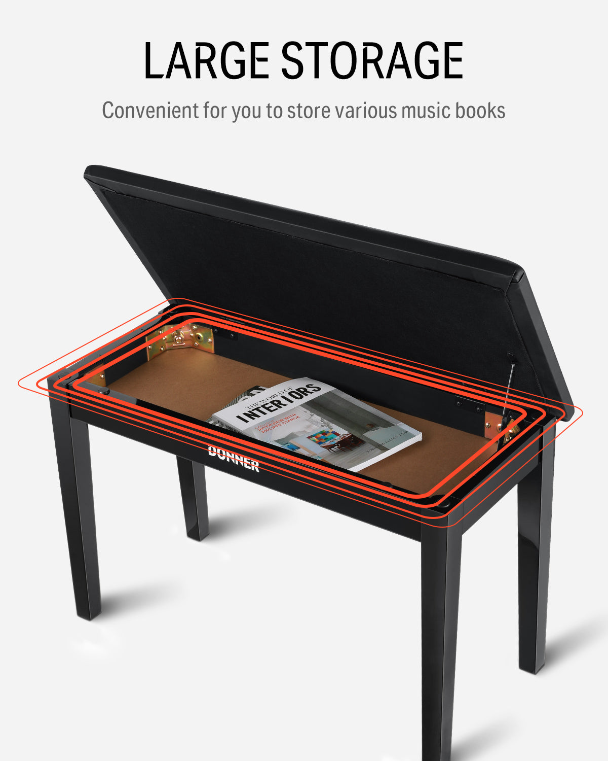 Donner Banco para piano dúo con espacio de almacenamiento, negro y cojín acolchado