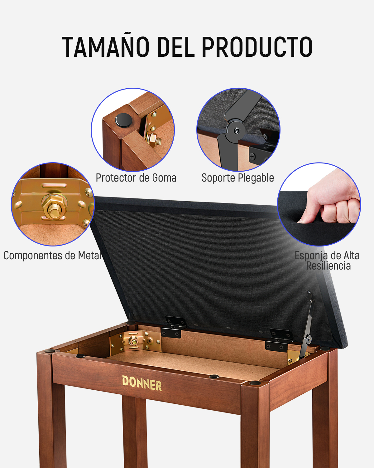 Donner DKB-10 Banco de piano marrón de cuatro patas de madera maciza abatible con librero donner music mexico