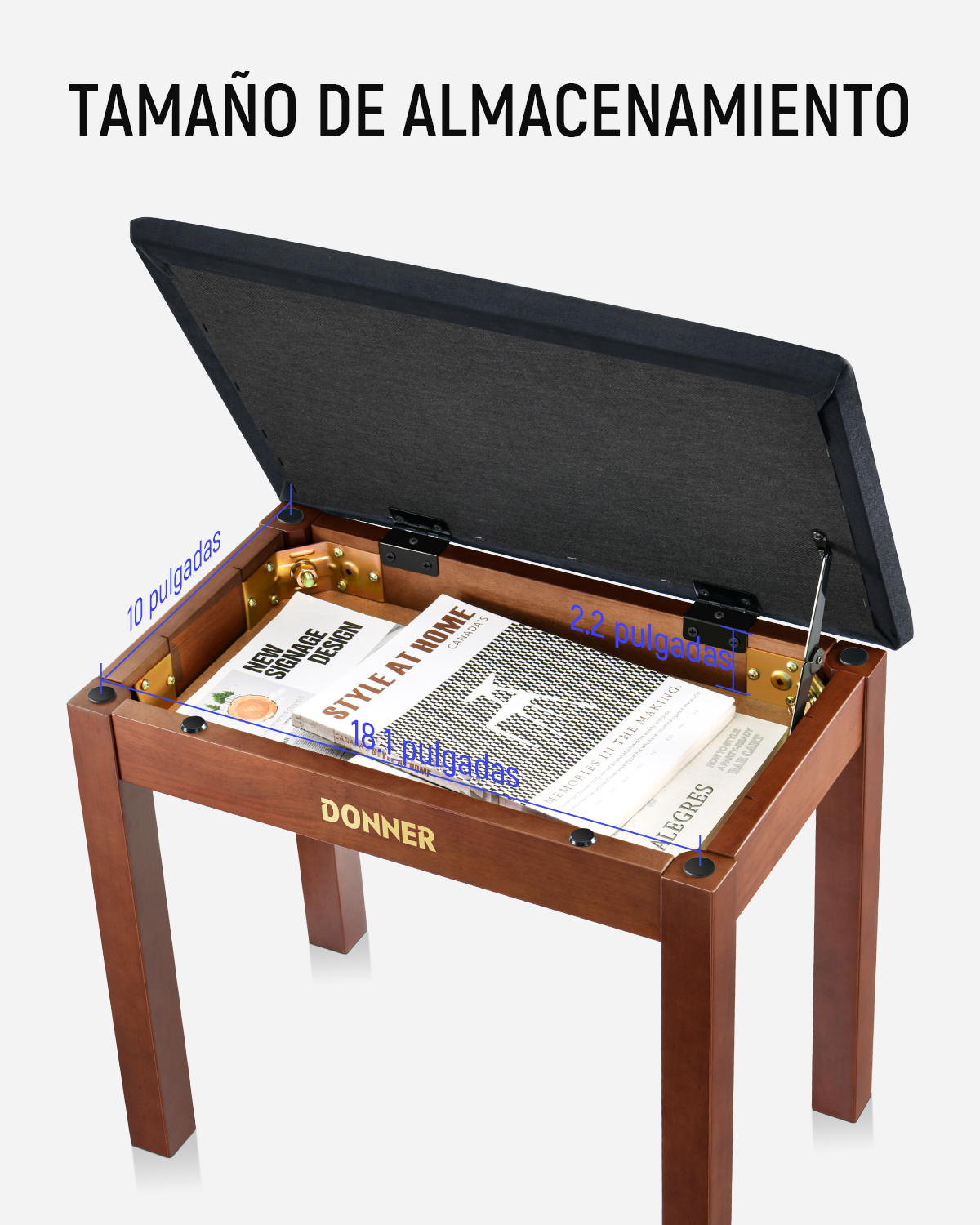 Donner DKB-10 Banco de piano marrón de cuatro patas de madera maciza abatible con librero donner music mexico