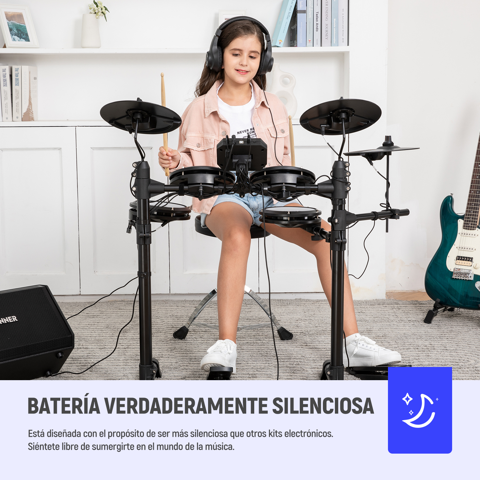 Donner DED-80 Kit de Batería Electrónica para principiantes con 180 sonidos, con parche silencioso y pedales de uso rudo, incluye banco, baquetas y audífonos, ligero y portátil