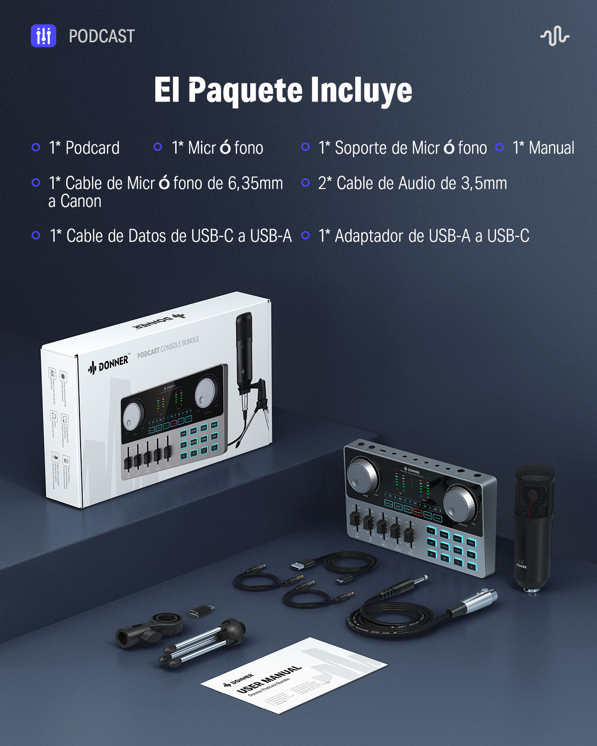 Products Donner Conjunto de equipos de podcast: interfaz de audio con mezclador de tarjeta de sonido y kit de micrófono XLR-6.35 mm