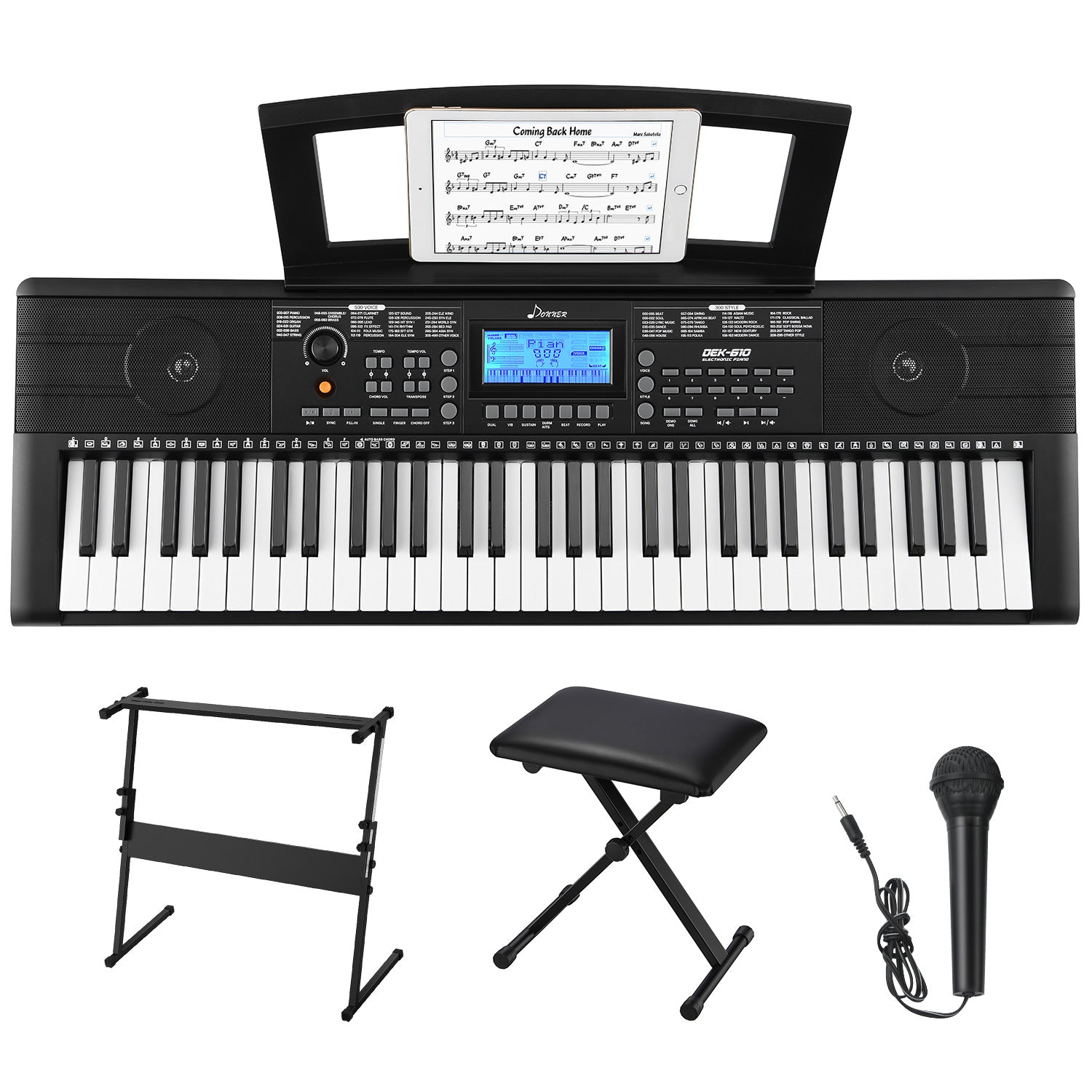 Donner DEK-610 Kit de teclado electrónico de tamaño completo de 61 teclas con banco/soporte/micrófono donner music mexico