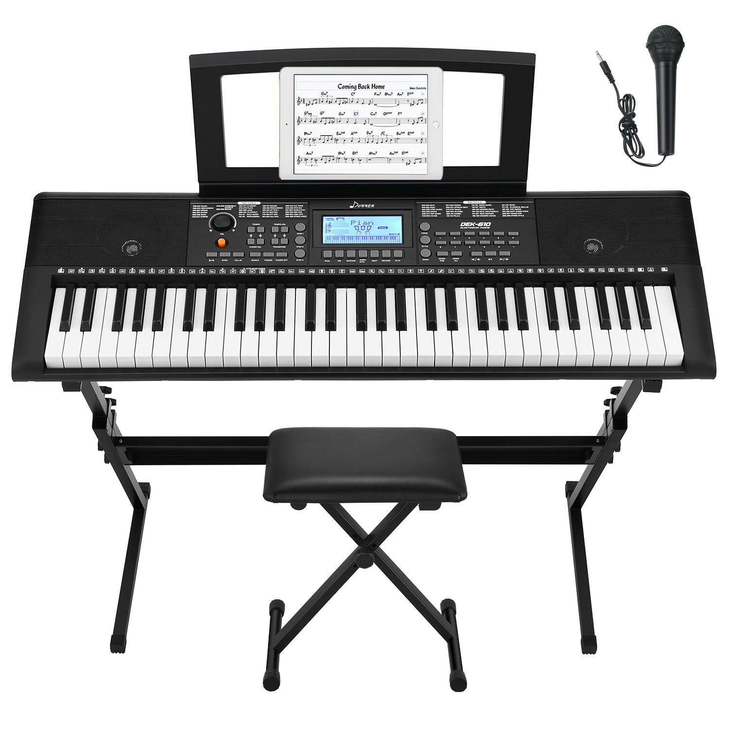 Donner DEK-610 Kit de teclado electrónico de tamaño completo de 61 teclas con banco/soporte/micrófono donner music mexico