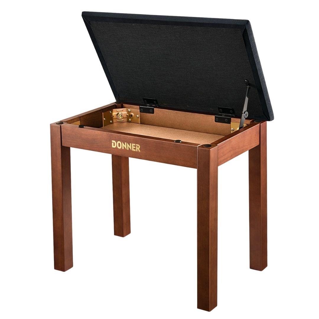 Donner DKB-10 Banco de piano marrón de cuatro patas de madera maciza abatible con librero
