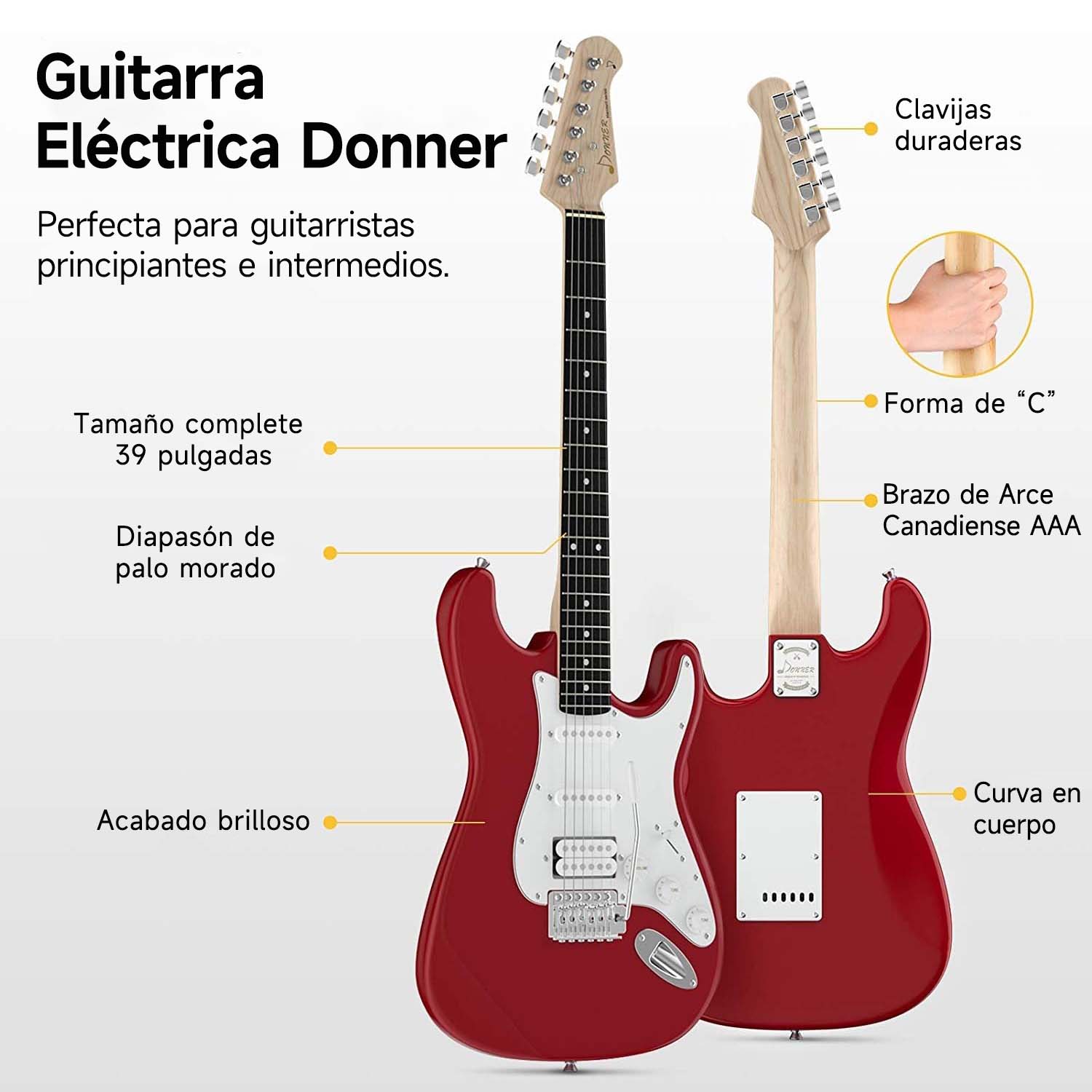 Donner DST-100R Guitarra Eléctrica Tamaño Completo con Amplificador/Bolsa/Afinador Digital/Capo/Tahalí/Cuerdas/Cable/Púas