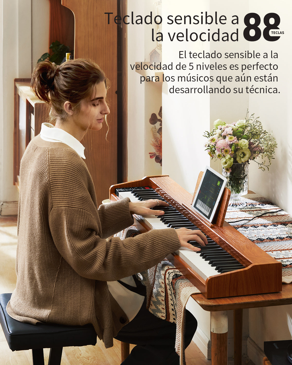 Donner DEP-1S Piano digital semicontrapesado con soporte, piano eléctrico estilo madera + pedal