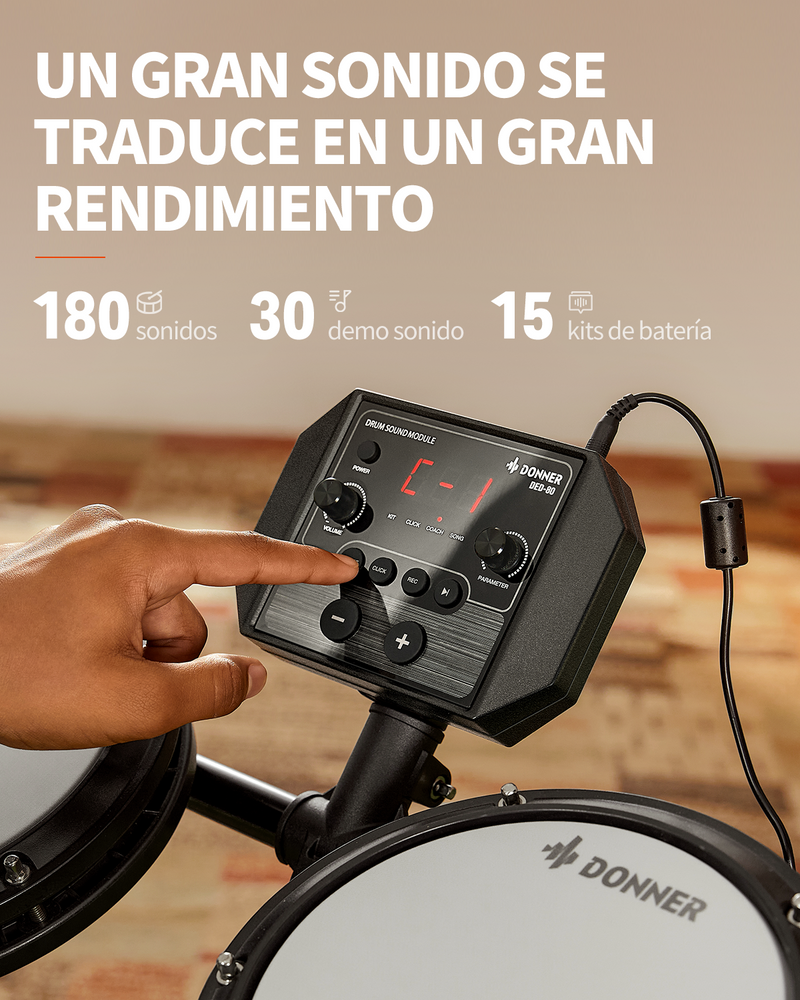 Donner DED-80 Kit de Batería Electrónica para principiantes con 180 sonidos, con parche silencioso y pedales de uso rudo, incluye banco, baquetas y audífonos, ligero y portátil