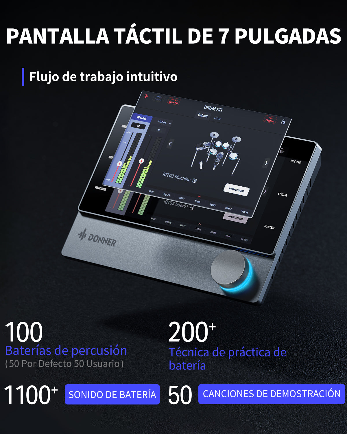 Donner Backbeat Tambor eléctrico inteligente, 5 tambores y 3 platillos y Se pueden cambiar los colores de las luces