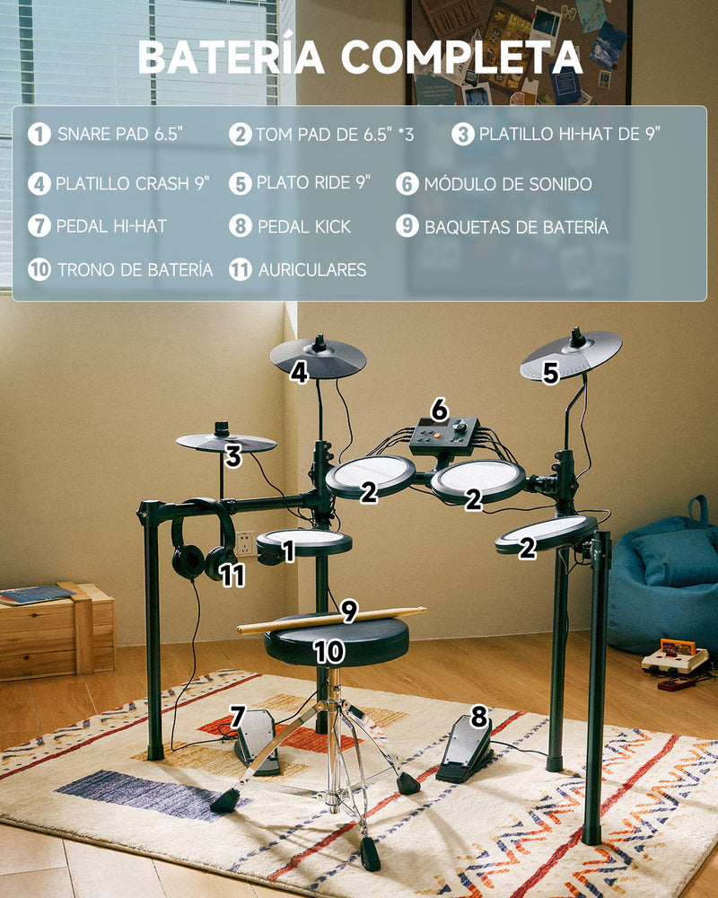 Donner DED-70 Electric Drum Set Para niños principiantes con Quiet Mesh Drum Pads, 5 tambores 3 platillos