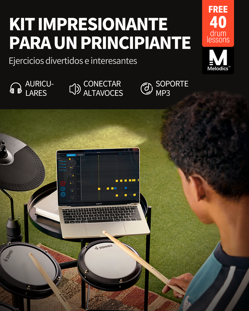 Donner DED-80 Kit de Batería Electrónica para principiantes con 180 sonidos, con parche silencioso y pedales de uso rudo, incluye banco, baquetas y audífonos, ligero y portátil