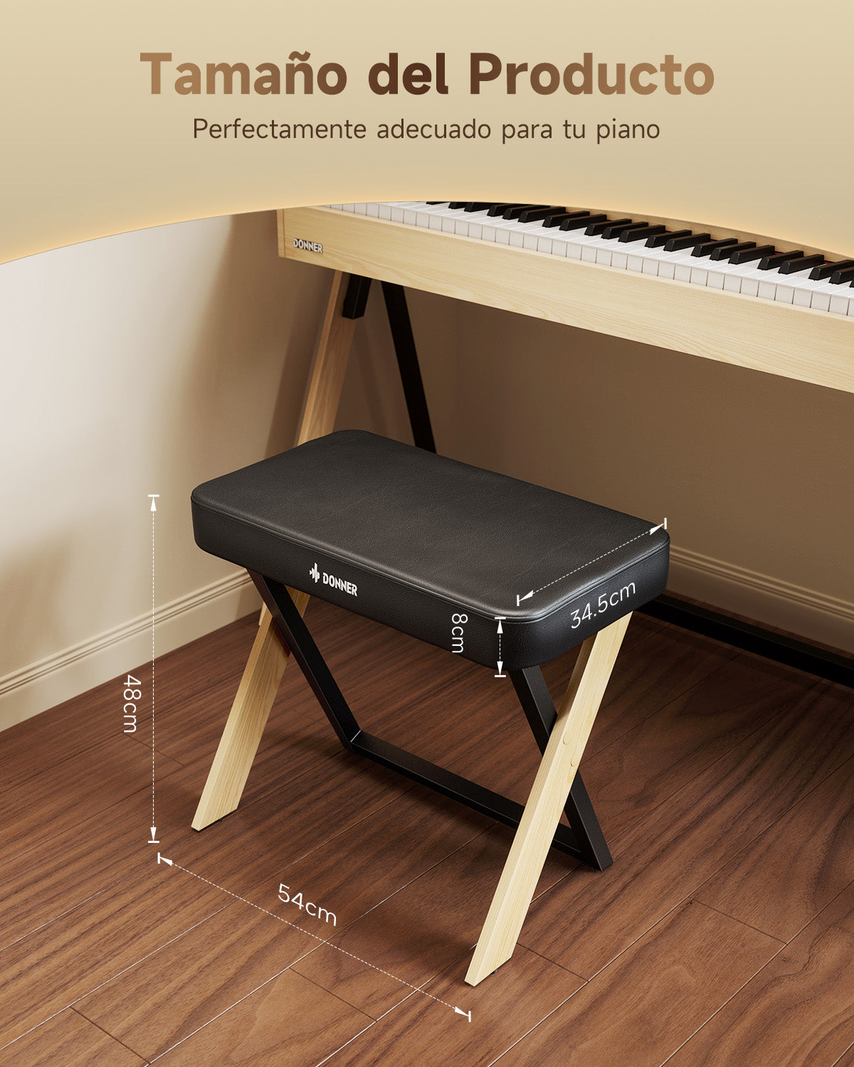 Donner DKB-300 Bancito de piano estilo hogar con cojín grueso, color de madera claro