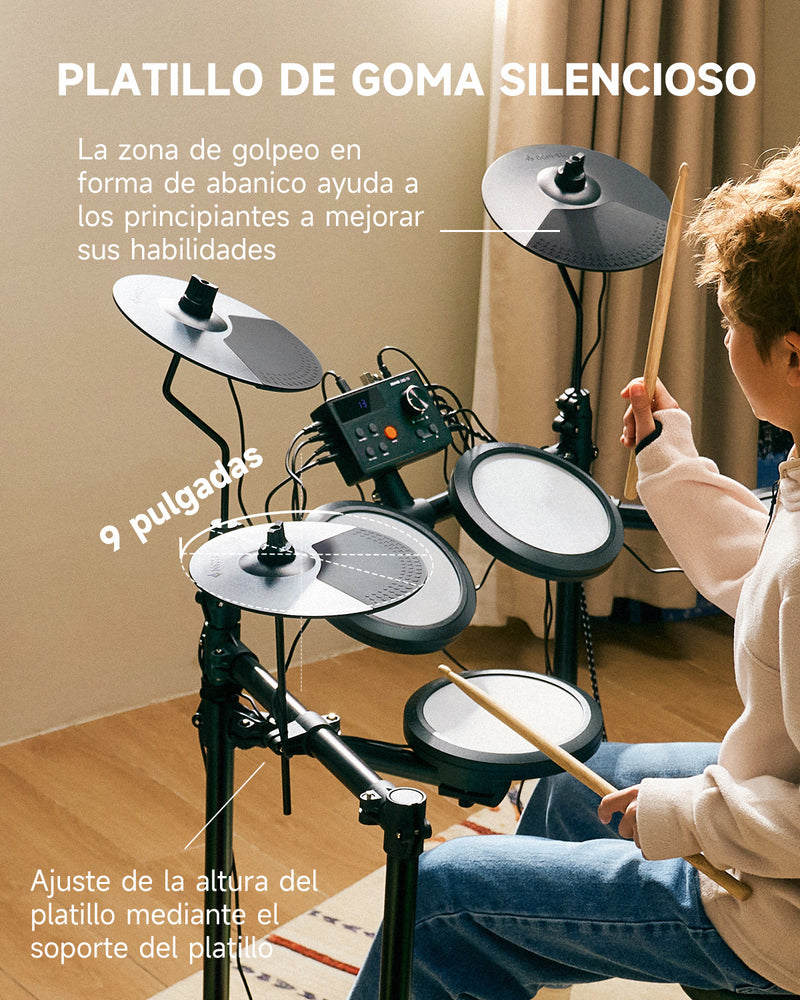 Donner DED-70 Electric Drum Set Para niños principiantes con Quiet Mesh Drum Pads, 5 tambores 3 platillos