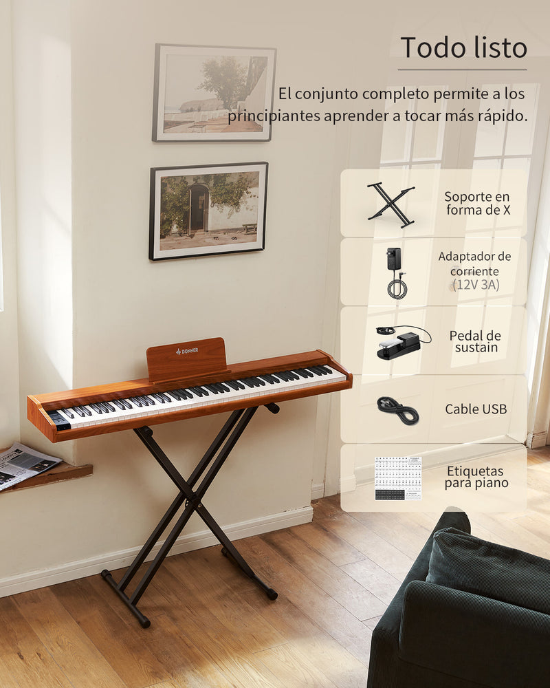 Donner DEP-1S Piano digital semicontrapesado con soporte, piano eléctrico estilo madera + pedal