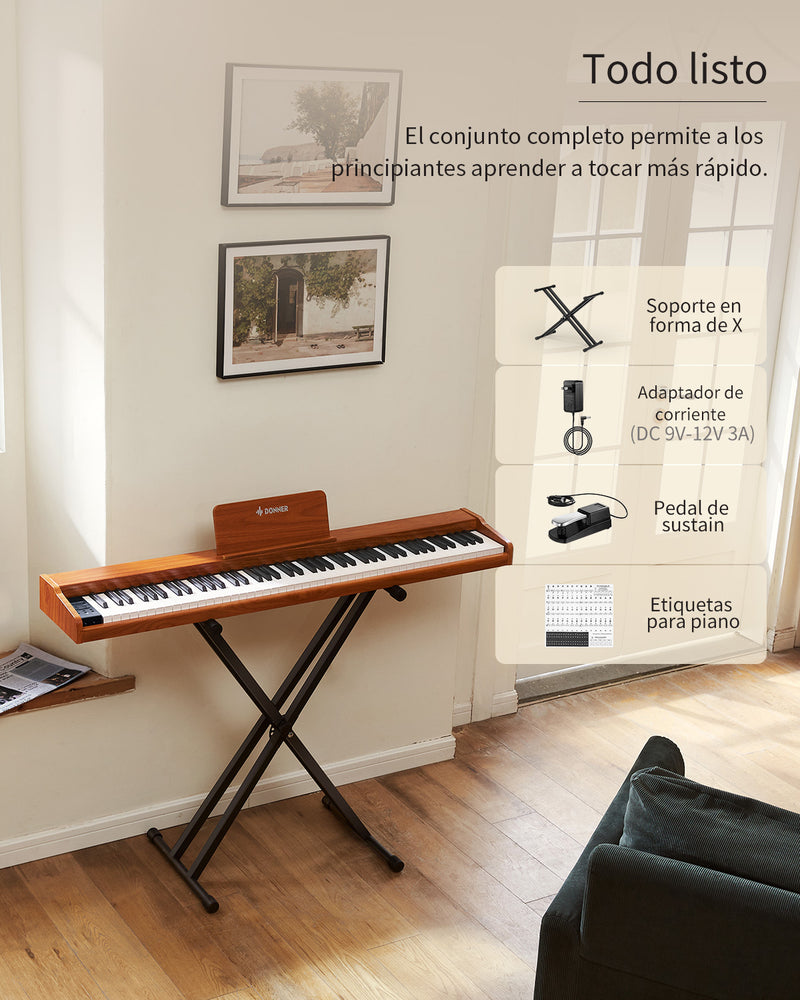 Donner DEP-1S Piano digital semicontrapesado con soporte, piano eléctrico estilo madera + pedal