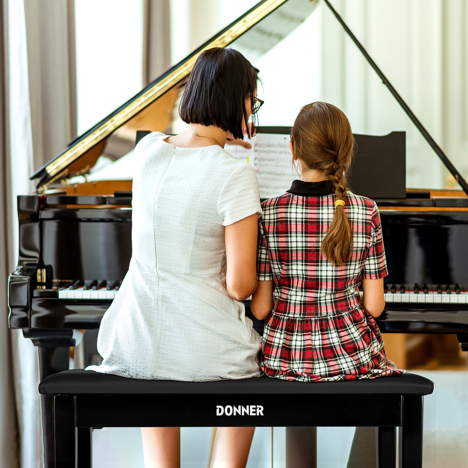 Donner Banco para piano dúo con espacio de almacenamiento, negro y cojín acolchado
