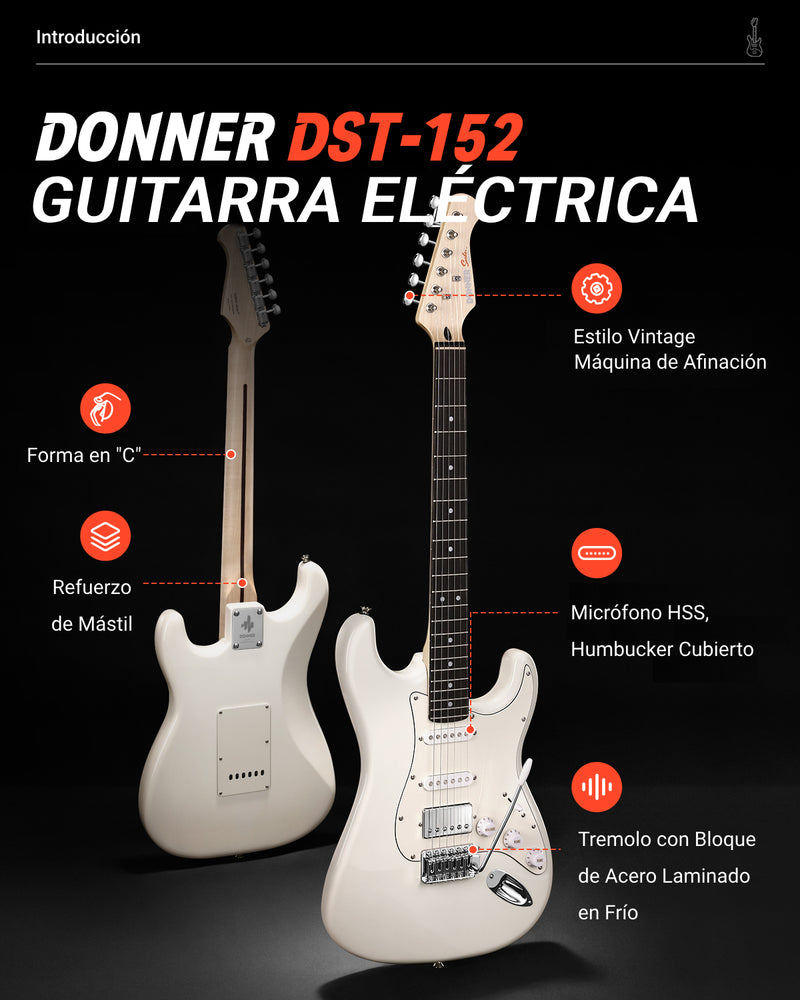 Donner Guitarra eléctrica modelo DST-152W, kit de inicio de guitarra eléctrica de 39" con pastilla HSS de división de bobina, incluye amplificador, funda, accesorios y es de color blanco polar