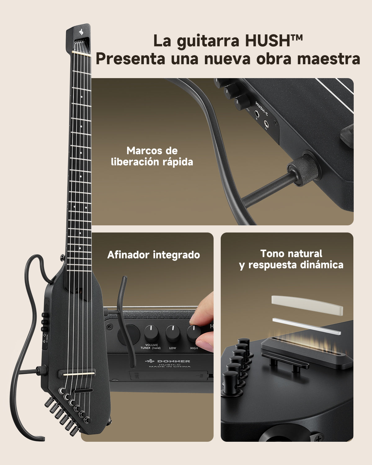 Donner HUSH C Guitarras Clásicas de Cuerdas de Nylon-Negro##