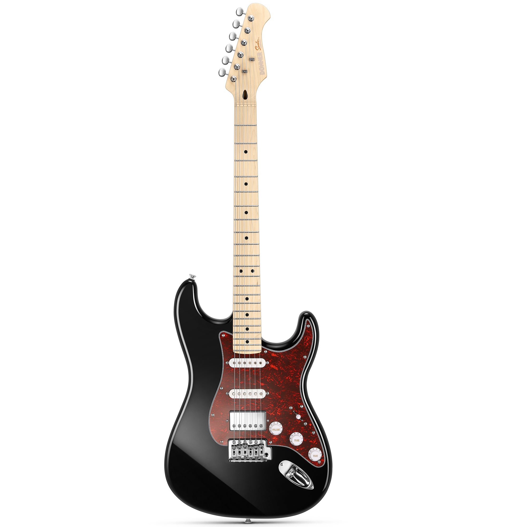 Guitarra eléctrica Donner, modelo DST-152B, kit de guitarra eléctrica de 39" con pastilla HSS de división de bobina, cuerpo sólido, incluye amplificador, funda, accesorios y es de color negro.