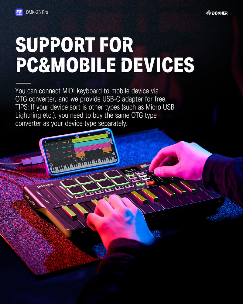 Donner DMK-25 PRO Controlador MIDI con Touch Bar Personalizada, Software de Producción Musical Gratis/40 Cursos Gratis, Negro