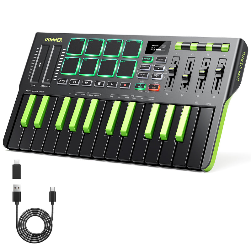 Donner DMK-25 PRO Controlador MIDI con Touch Bar Personalizada, Software de Producción Musical Gratis/40 Cursos Gratis, Negro