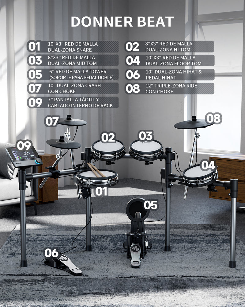 Donner Beat Batería electrónica 5 Baterías, 3 Platillos Batería Eléctrica