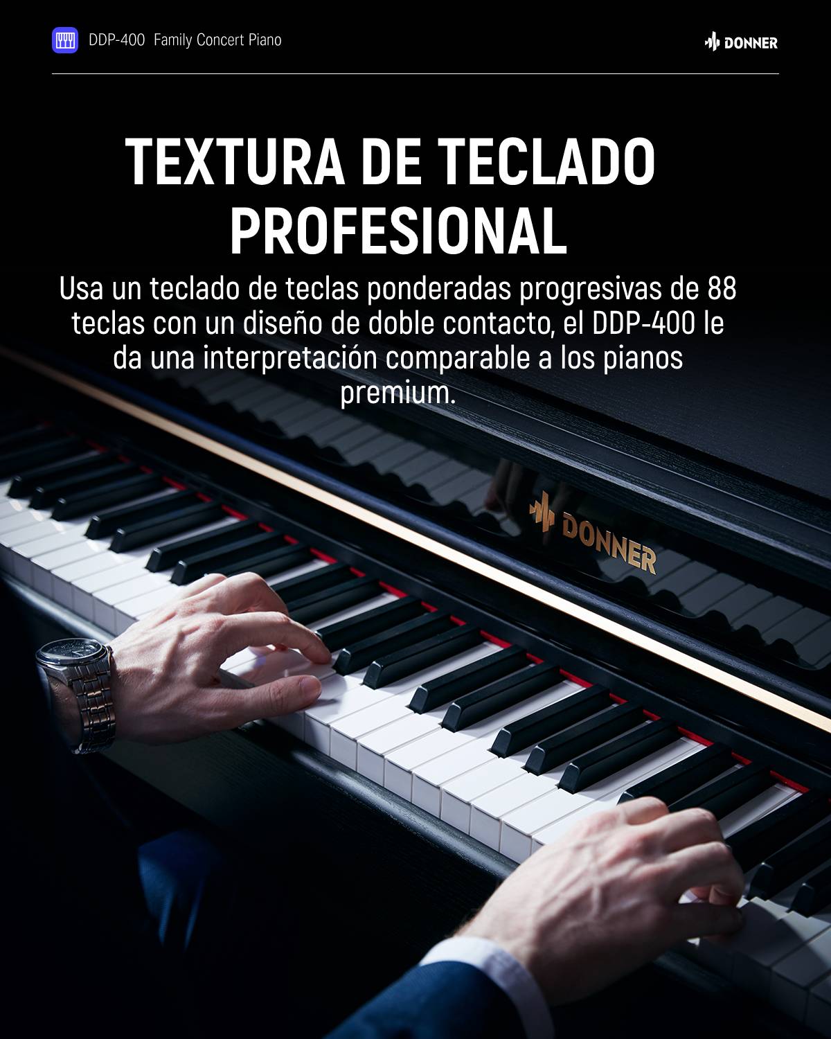 Donner DDP-400 Piano digital de 88 teclas ponderadas con acción de martillo progresivo, soporte de mueble y 3 pedales para profesionales