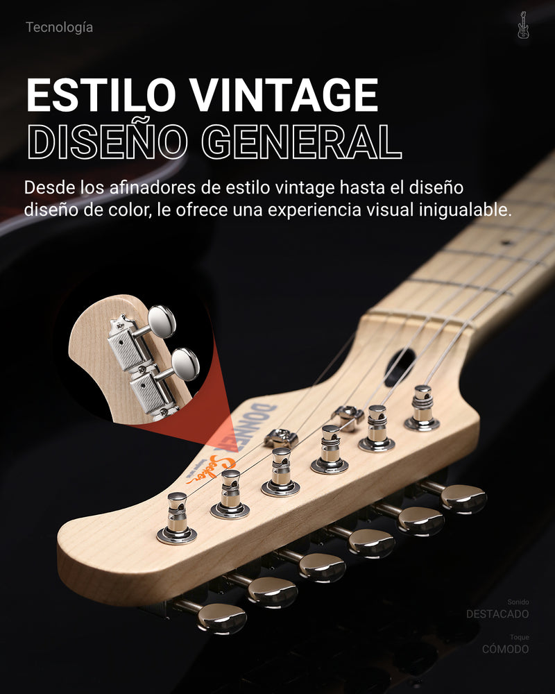 Guitarra eléctrica Donner, modelo DST-152B, kit de guitarra eléctrica de 39" con pastilla HSS de división de bobina, cuerpo sólido, incluye amplificador, funda, accesorios y es de color negro.