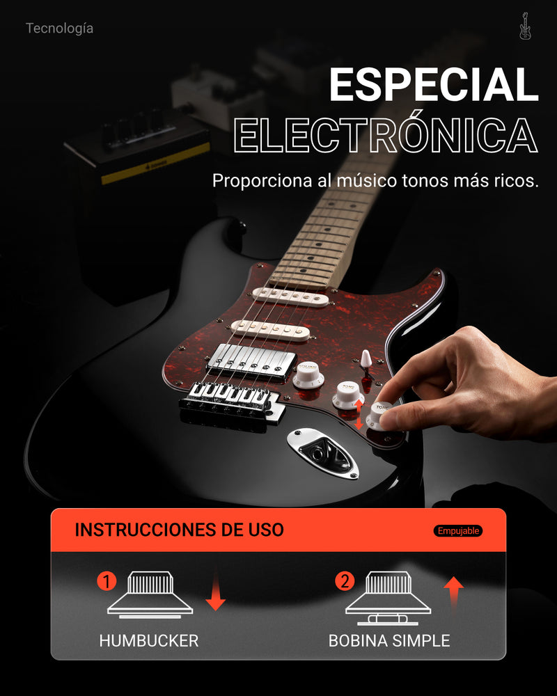 Guitarra eléctrica Donner, modelo DST-152B, kit de guitarra eléctrica de 39" con pastilla HSS de división de bobina, cuerpo sólido, incluye amplificador, funda, accesorios y es de color negro.