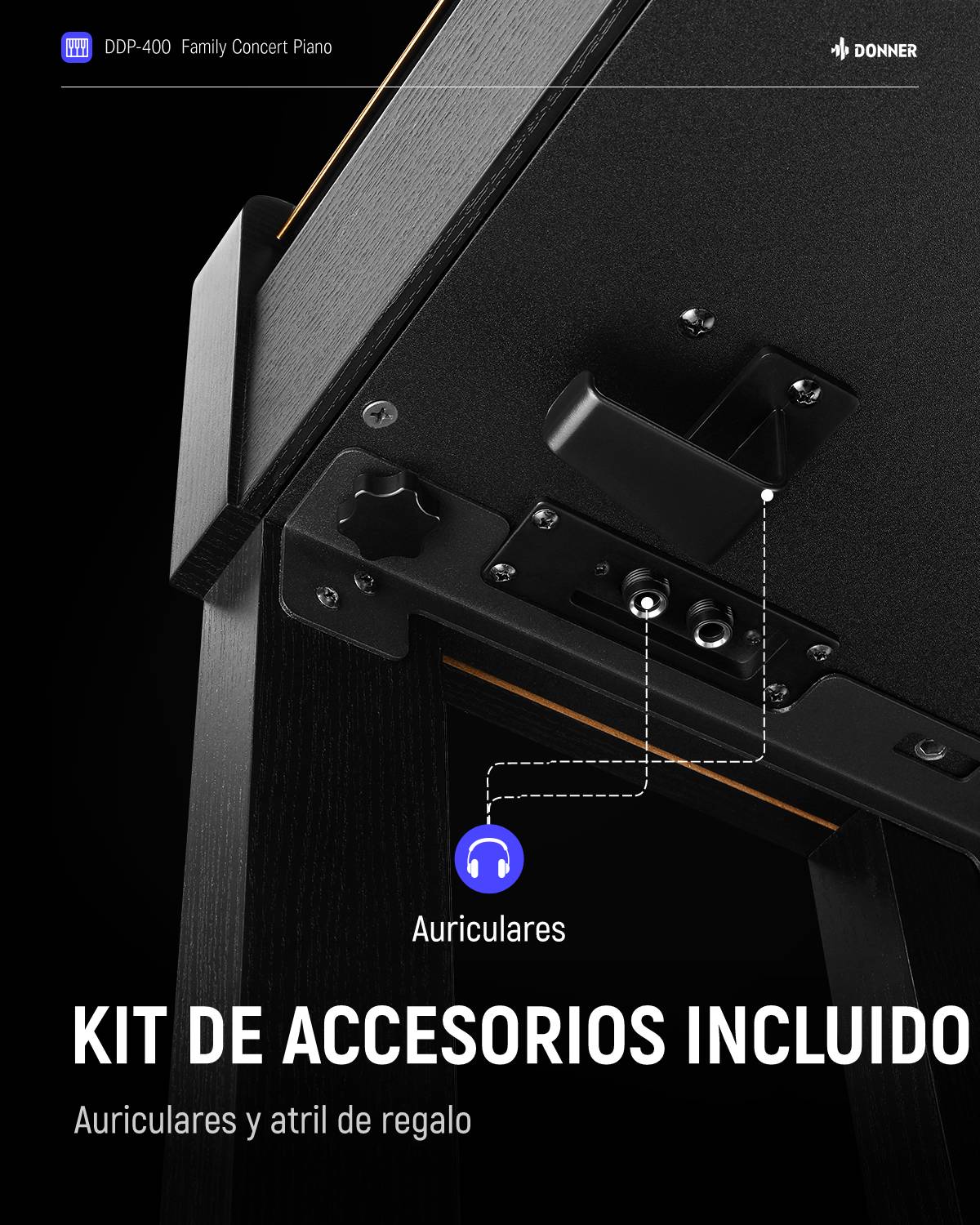 Donner DDP-400 Piano digital de 88 teclas ponderadas con acción de martillo progresivo, soporte de mueble y 3 pedales para profesionales