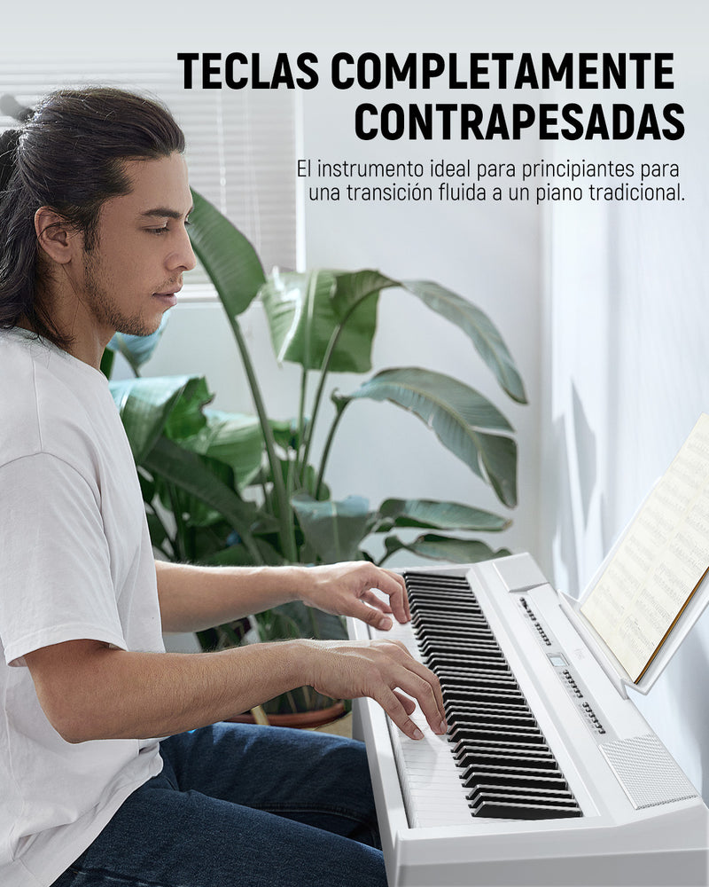 Donner DEP-20 Blanco Piano digital para principiantes Teclado contrapesado de 88 teclas con soporte para muebles + 3 pedales