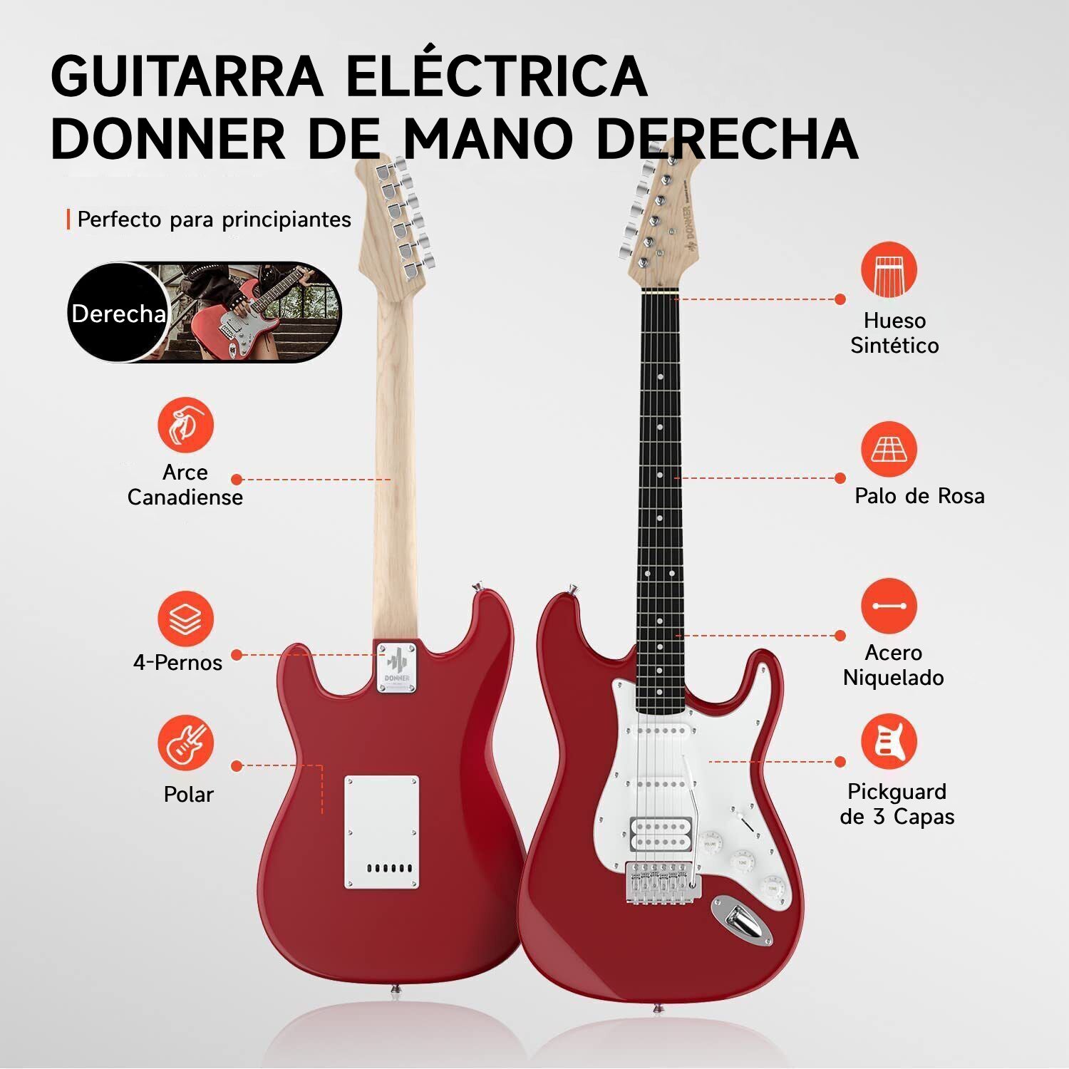 Donner DST-100 Guitarra Eléctrica Tamaño Completo con Amplificador/Bolsa/Afinador Digital/Capo/Tahalí/Cuerdas/Cable/Púas