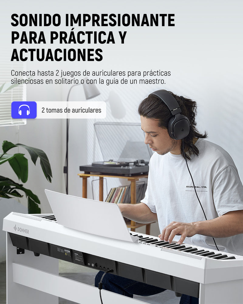 Donner DEP-20 Blanco Piano digital para principiantes Teclado contrapesado de 88 teclas con soporte para muebles + 3 pedales