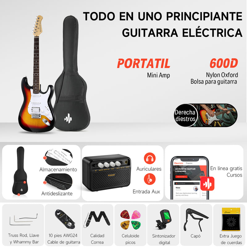 Donner DST-100 Guitarra Eléctrica Tamaño Completo con Amplificador/Bolsa/Afinador Digital/Capo/Tahalí/Cuerdas/Cable/Púas